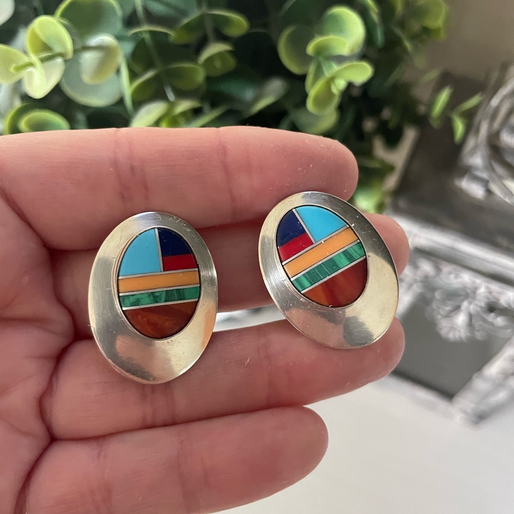 925 ZUNI STERLING NATIVE AMERICAN NAVAJO CORAL LAPIS TURQUOISE CLIP EARRINGS